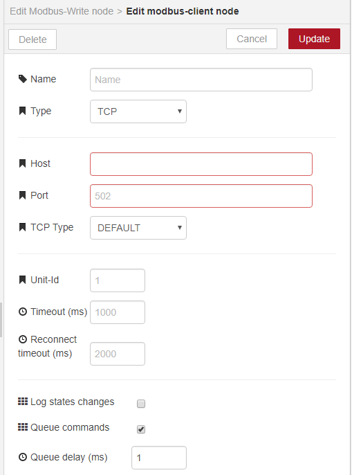 Edit Modbus client node